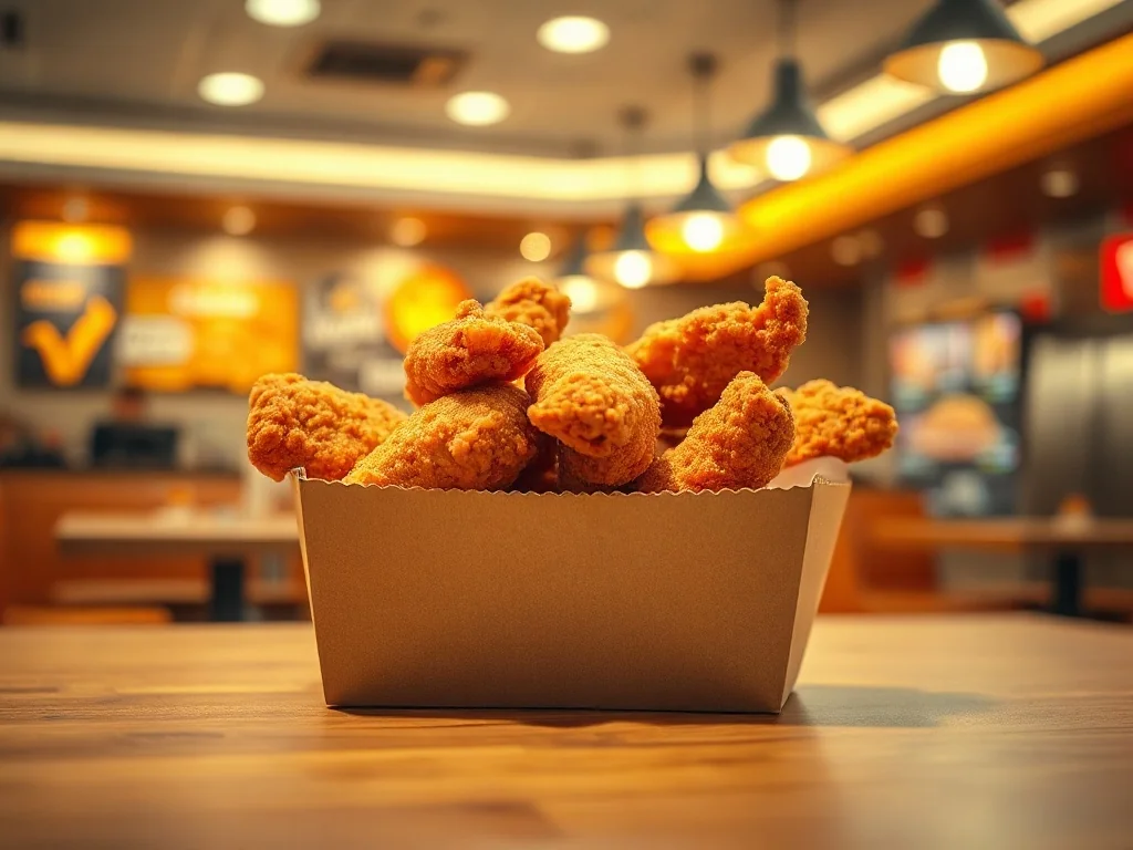 Złociste, chrupiące kawałki kurczaka w pudełku typu Chicken Box serwowane w restauracji McDonald's.