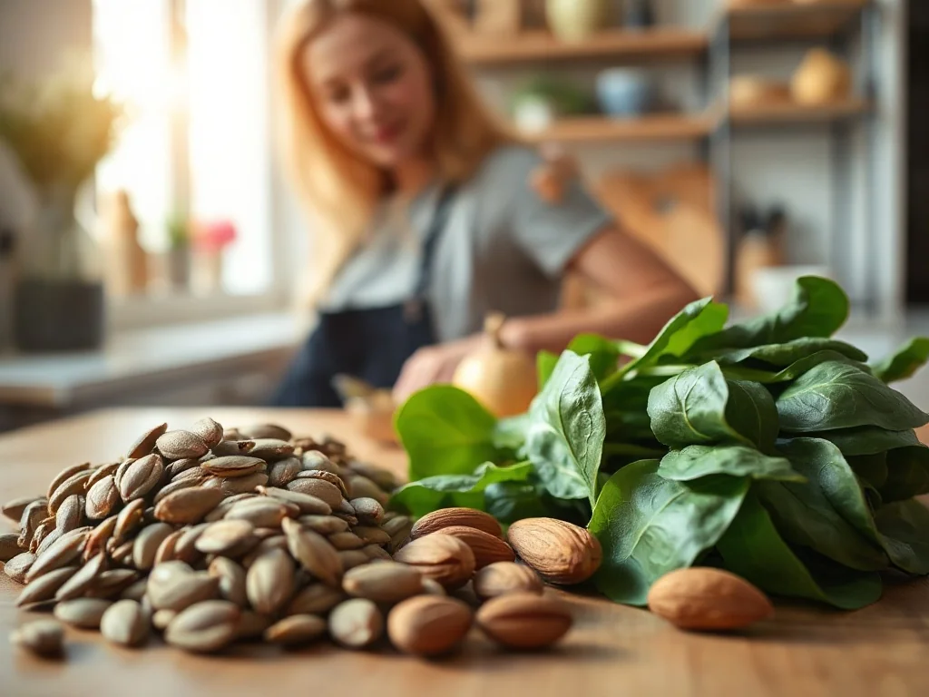 Drewniany stół z pestkami dyni, gorzką czekoladą, migdałami i szpinakiem – produktami bogatymi w magnez.