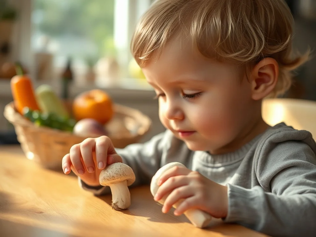 Małe dziecko siedzi przy kuchennym stole i z ciekawością dotyka świeżej pieczarki.