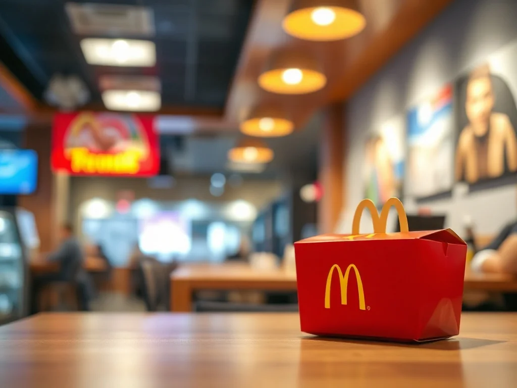Klasyczne czerwone pudełko zestawu Happy Meal stojące na drewnianym stole w nowoczesnej restauracji McDonald's.