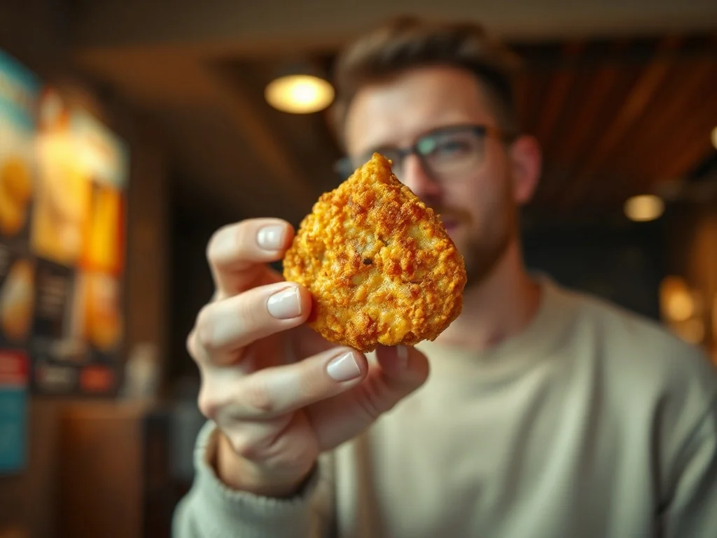 Złocisty, chrupiący nugget z kurczaka trzymany w dłoni na tle wnętrza restauracji McDonald's.