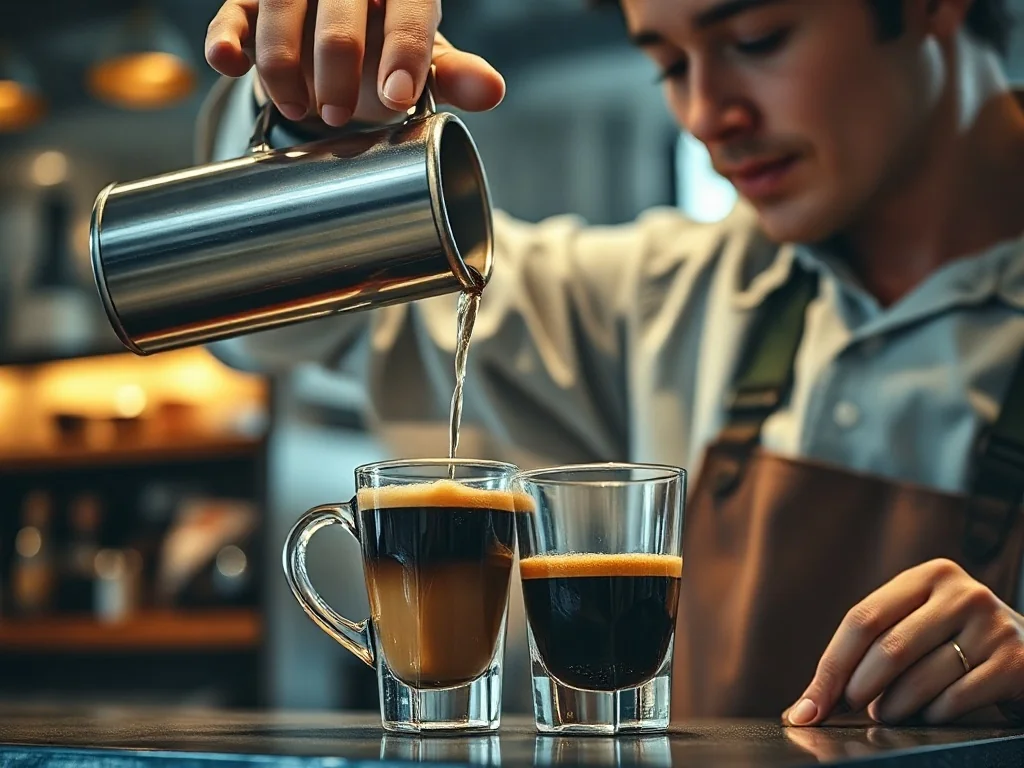 Barista przygotowuje americano, dolewając gorącą wodę do świeżo zaparzonego espresso w nowoczesnej kawiarni.