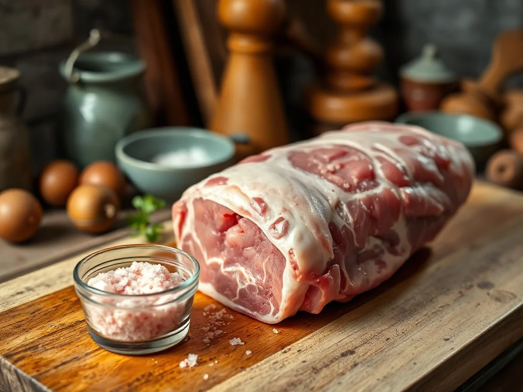 Surowe mięso wieprzowe na desce do krojenia obok miseczki z peklosolą, przygotowane do procesu peklowania.